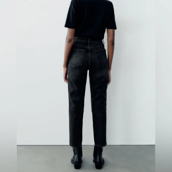 Zara Mom Fit Jeans Straight Leg Ripped Black - Picture 3 of 12